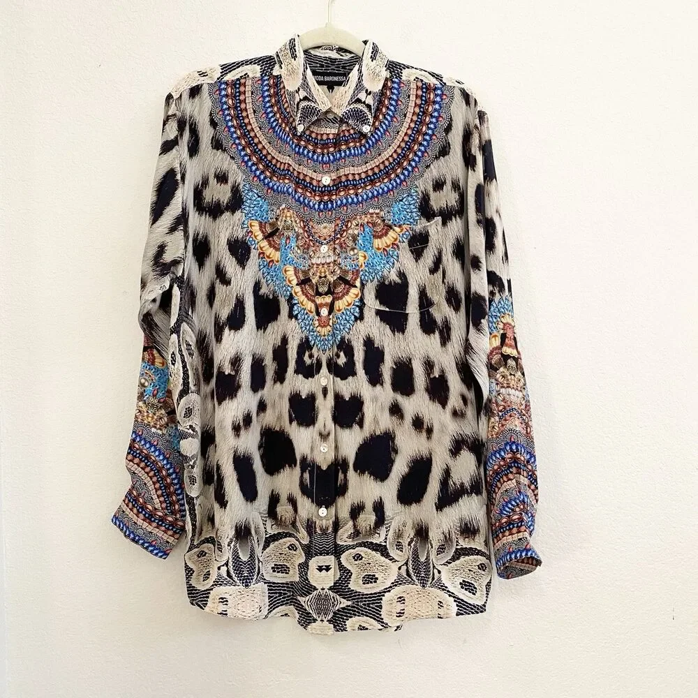 Moda Baronessa Button Up Blouse Multicolor Animal Print 100% Silk Small Tunic - Picture 7 of 10